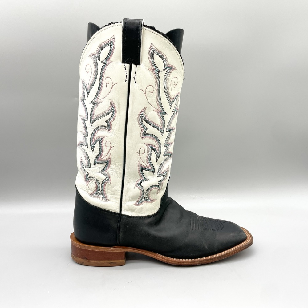 Justin Mens 11C Bent Rail Cowboy Boots Black White Leather Square Toe Rodeo